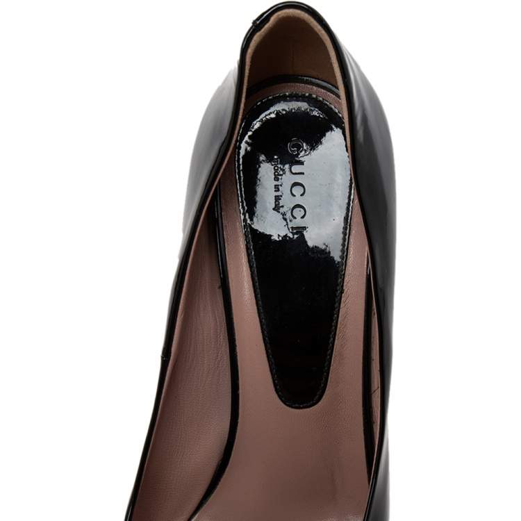 Pre Owned Gucci Black Patent Leather Peep-Toe Pumps Size 38 