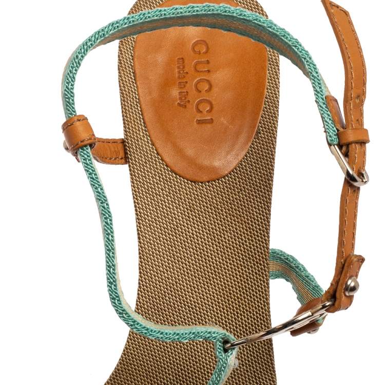 Pre Owned Gucci Multicolor Canvas And Leather GG Logo Ankle Strap Sandals Size 37