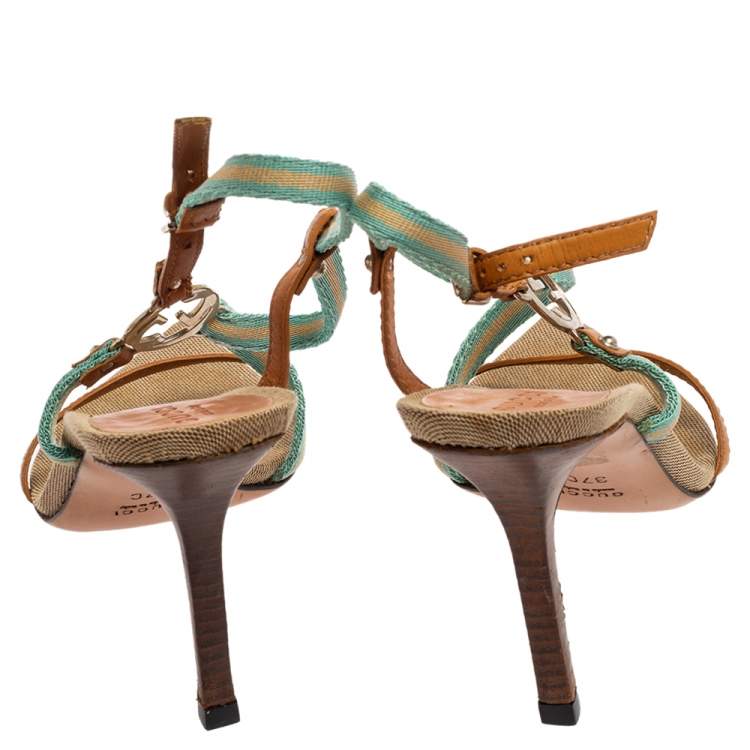 Pre Owned Gucci Multicolor Canvas And Leather GG Logo Ankle Strap Sandals Size 37