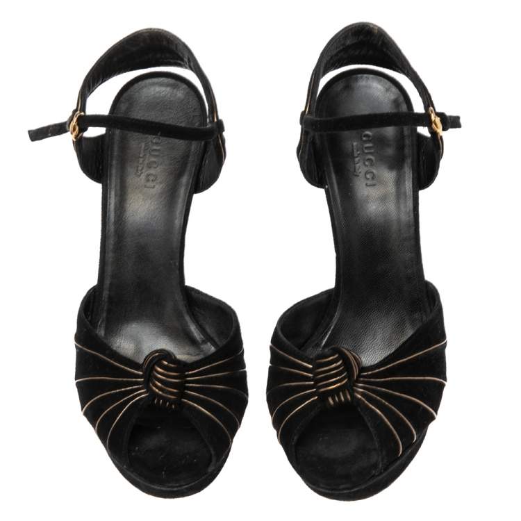Pre Owned Gucci Black Suede Knot Detail Peep Toe Platform Sandals Size 36.5