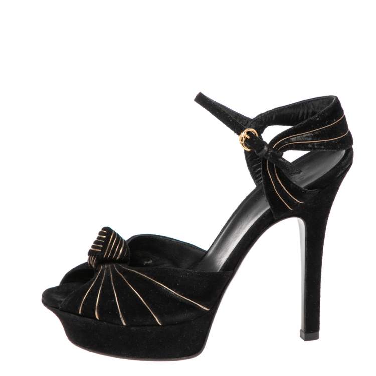 Pre Owned Gucci Black Suede Knot Detail Peep Toe Platform Sandals Size 36.5