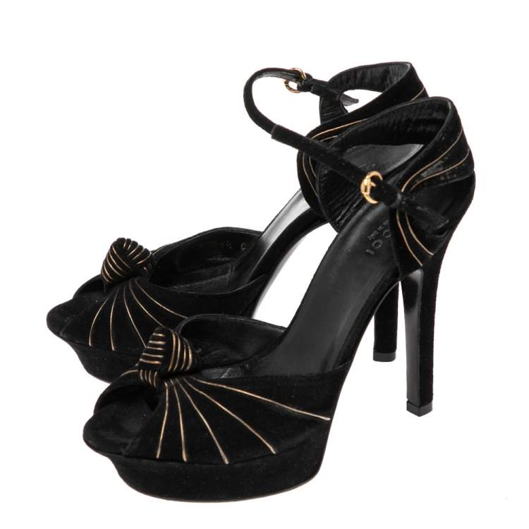 Pre Owned Gucci Black Suede Knot Detail Peep Toe Platform Sandals Size 36.5