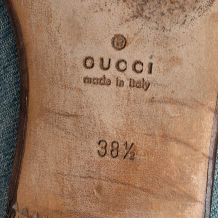 Pre Owned Gucci Blue/Brown Denim and Leather Horsebit Loafers Size 38.5
