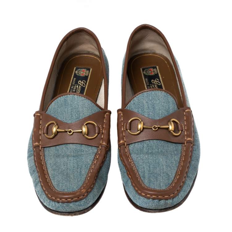 Pre Owned Gucci Blue/Brown Denim and Leather Horsebit Loafers Size 38.5