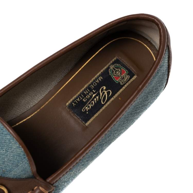 Pre Owned Gucci Blue/Brown Denim and Leather Horsebit Loafers Size 38.5