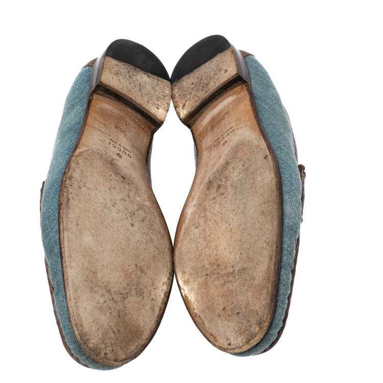 Pre Owned Gucci Blue/Brown Denim and Leather Horsebit Loafers Size 38.5