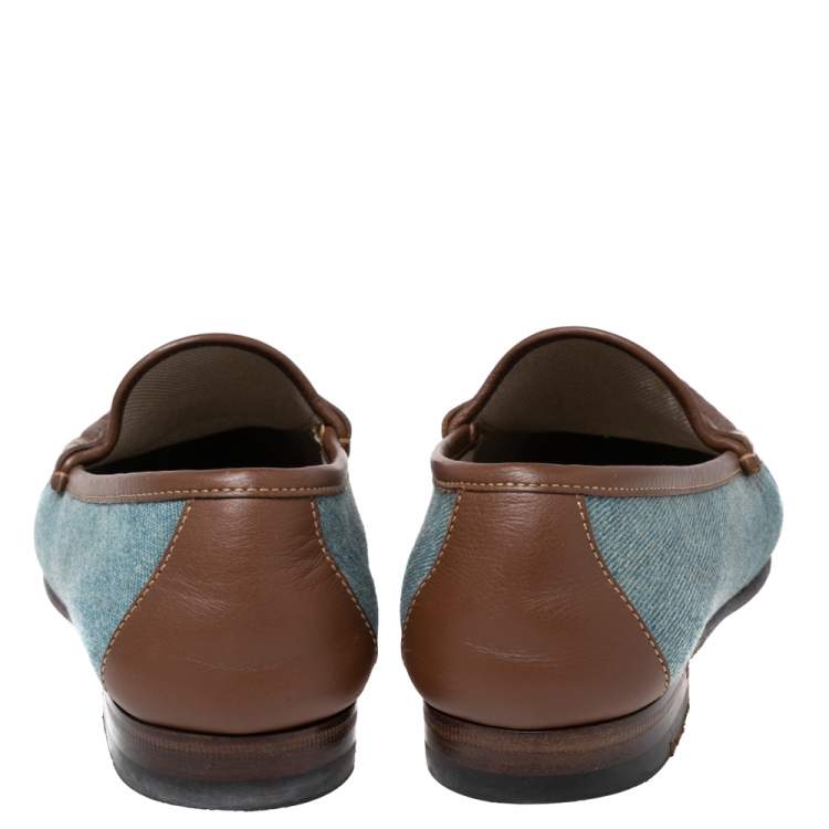 Pre Owned Gucci Blue/Brown Denim and Leather Horsebit Loafers Size 38.5