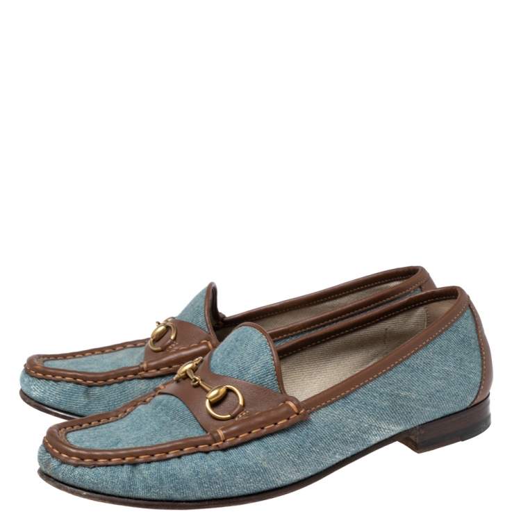 Pre Owned Gucci Blue/Brown Denim and Leather Horsebit Loafers Size 38.5
