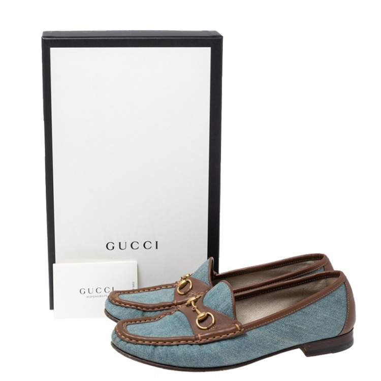 Pre Owned Gucci Blue/Brown Denim and Leather Horsebit Loafers Size 38.5