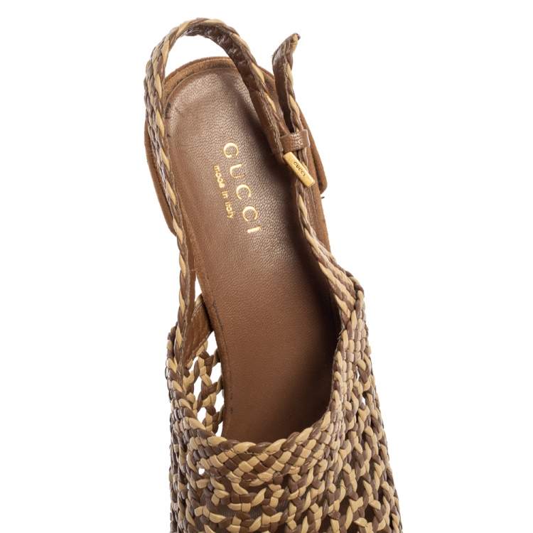 Pre Owned Gucci Brown/Beige Woven Leather Kyligh Slingback Platform Sandals Size 36