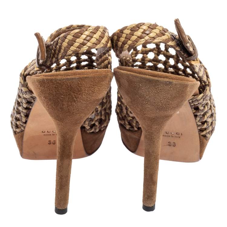 Pre Owned Gucci Brown/Beige Woven Leather Kyligh Slingback Platform Sandals Size 36