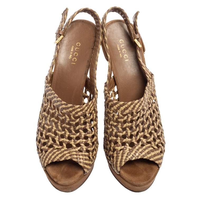 Pre Owned Gucci Brown/Beige Woven Leather Kyligh Slingback Platform Sandals Size 36