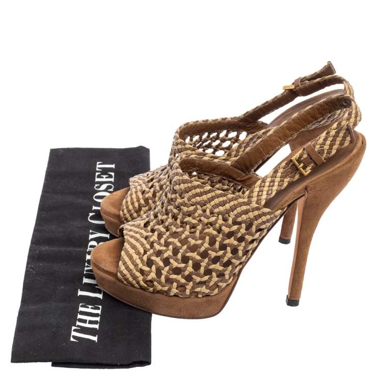 Pre Owned Gucci Brown/Beige Woven Leather Kyligh Slingback Platform Sandals Size 36
