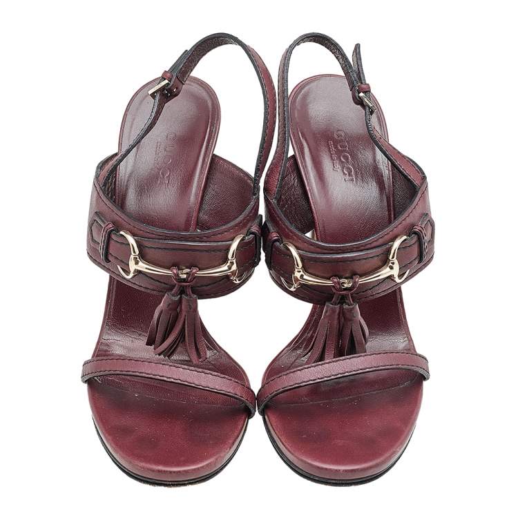 Pre Owned Gucci Burgundy Leather Horsebit Tassel Emily Slingback Sandals Size 38.5