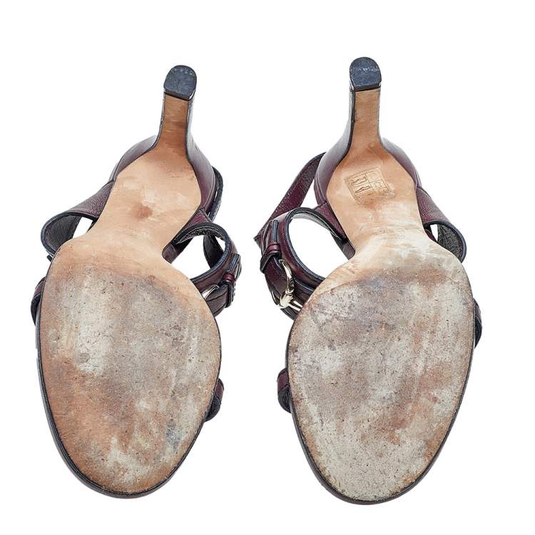 Pre Owned Gucci Burgundy Leather Horsebit Tassel Emily Slingback Sandals Size 38.5
