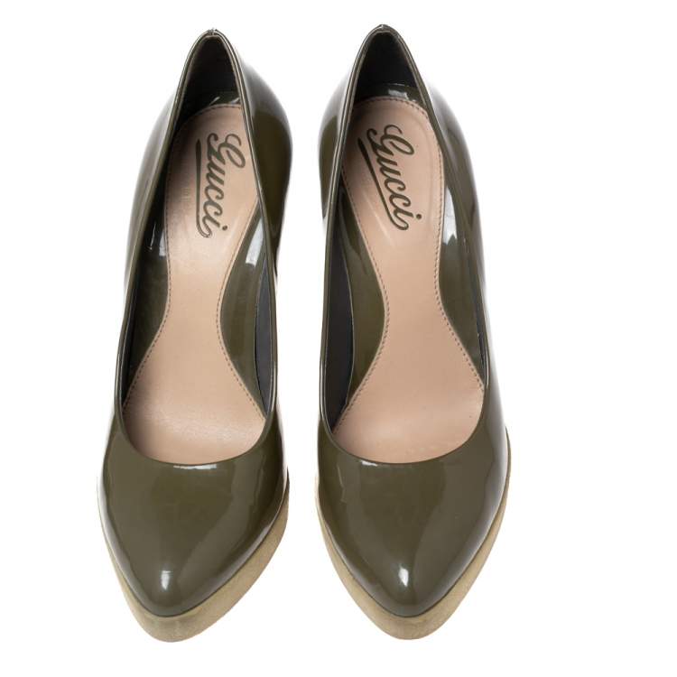 Pre Owned Gucci Olive Green Patent Leather Platform Pumps Size 38