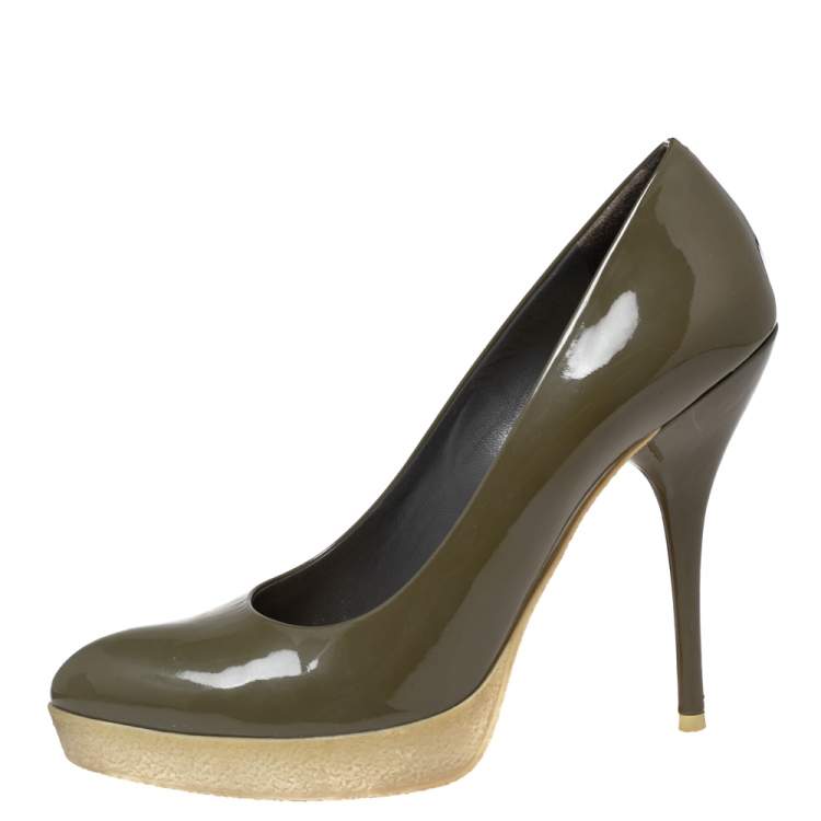 Pre Owned Gucci Olive Green Patent Leather Platform Pumps Size 38