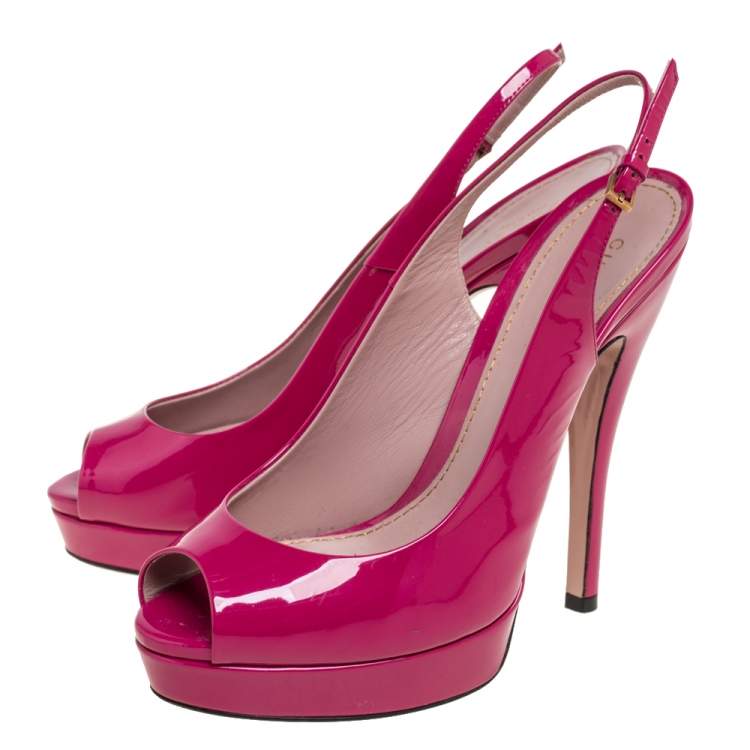 Pre Owned Gucci Magenta Patent Leather Peep-Toe Platform Slingback Pumps Size 38