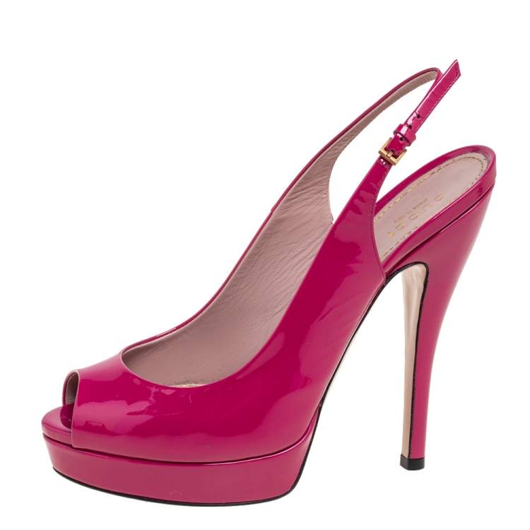 Pre Owned Gucci Magenta Patent Leather Peep-Toe Platform Slingback Pumps Size 38