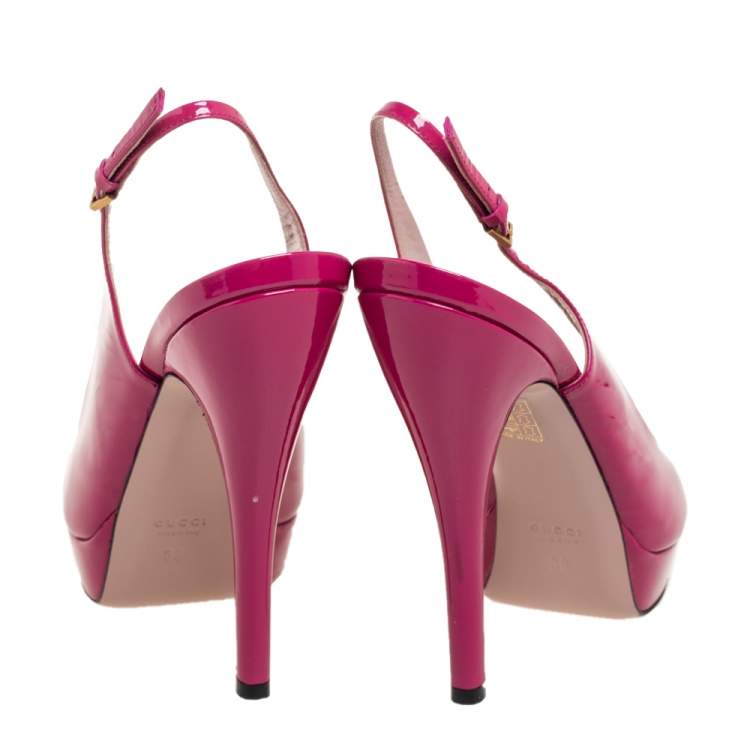 Pre Owned Gucci Magenta Patent Leather Peep-Toe Platform Slingback Pumps Size 38