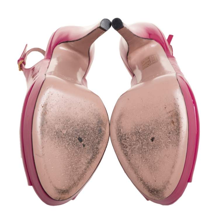 Pre Owned Gucci Magenta Patent Leather Peep-Toe Platform Slingback Pumps Size 38