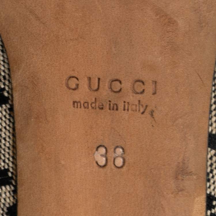 Pre Owned Gucci Beige/Black Canvas and Croc Embossed Leather Bamboo Horsebit Loafer Pumps Size 38