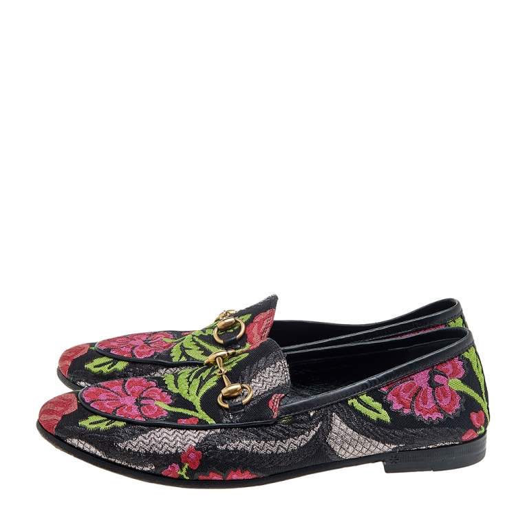 Pre Owned Gucci Multicolor Floral Embroidered Brocade Fabric Jordaan Horsebit Slip On Loafers Size 36