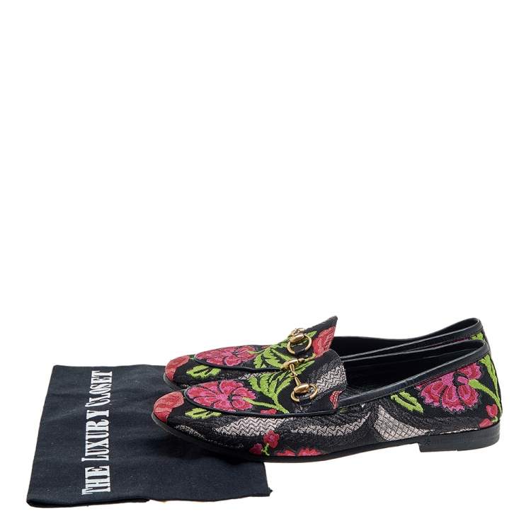 Pre Owned Gucci Multicolor Floral Embroidered Brocade Fabric Jordaan Horsebit Slip On Loafers Size 36