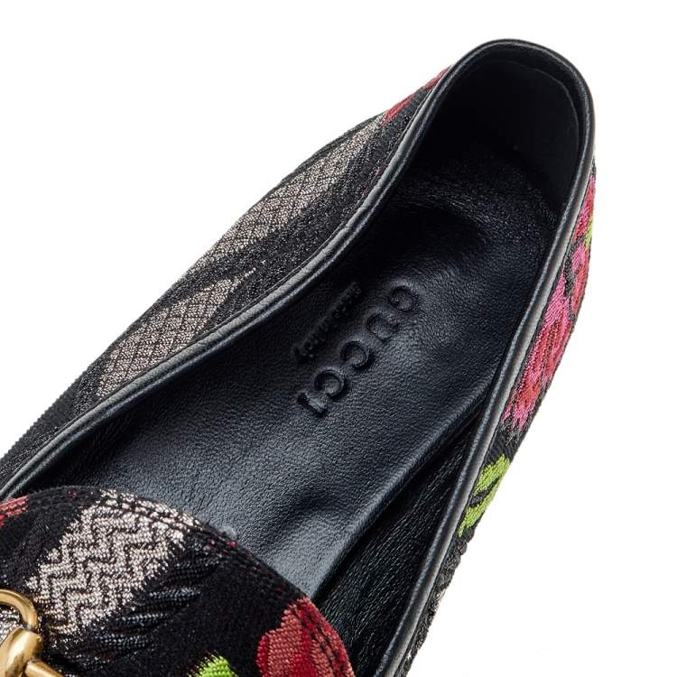 Pre Owned Gucci Multicolor Floral Embroidered Brocade Fabric Jordaan Horsebit Slip On Loafers Size 36