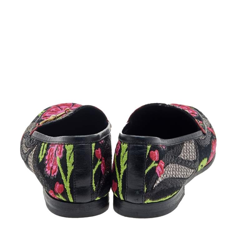 Pre Owned Gucci Multicolor Floral Embroidered Brocade Fabric Jordaan Horsebit Slip On Loafers Size 36