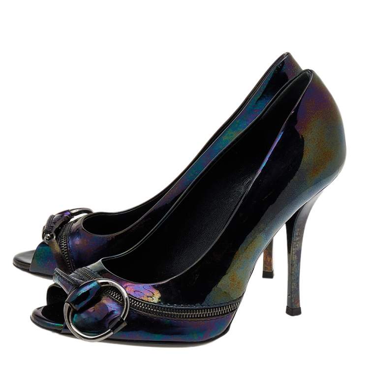 Pre Owned Gucci Multicolor Iridescent Patent Leather Horsebit Peep Toe Pumps Size 37.5