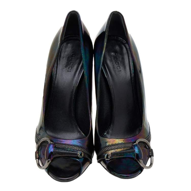 Pre Owned Gucci Multicolor Iridescent Patent Leather Horsebit Peep Toe Pumps Size 37.5