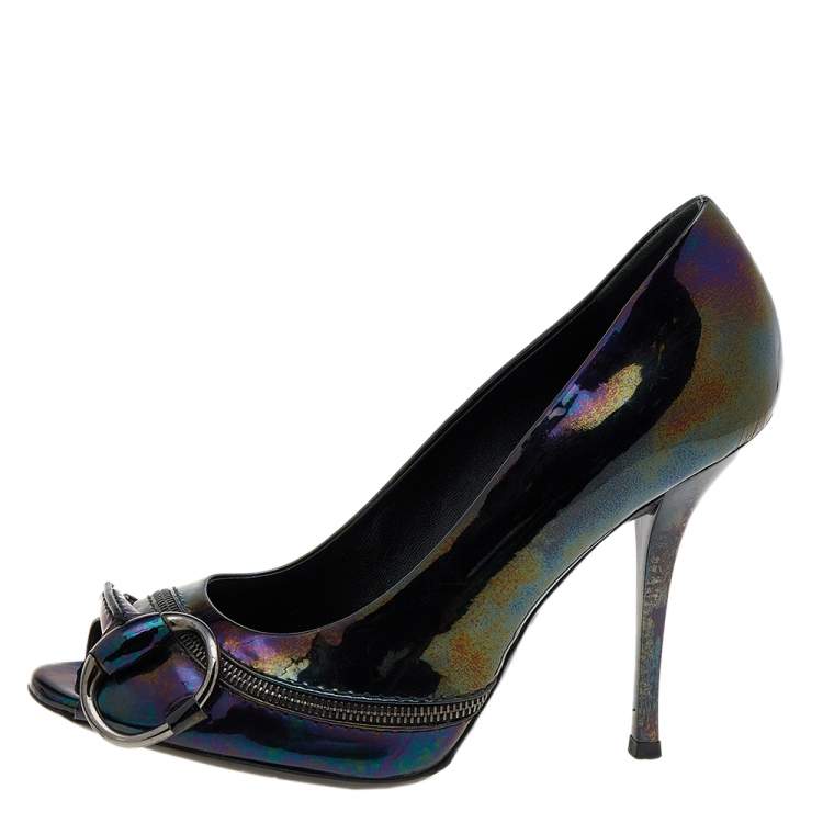 Pre Owned Gucci Multicolor Iridescent Patent Leather Horsebit Peep Toe Pumps Size 37.5