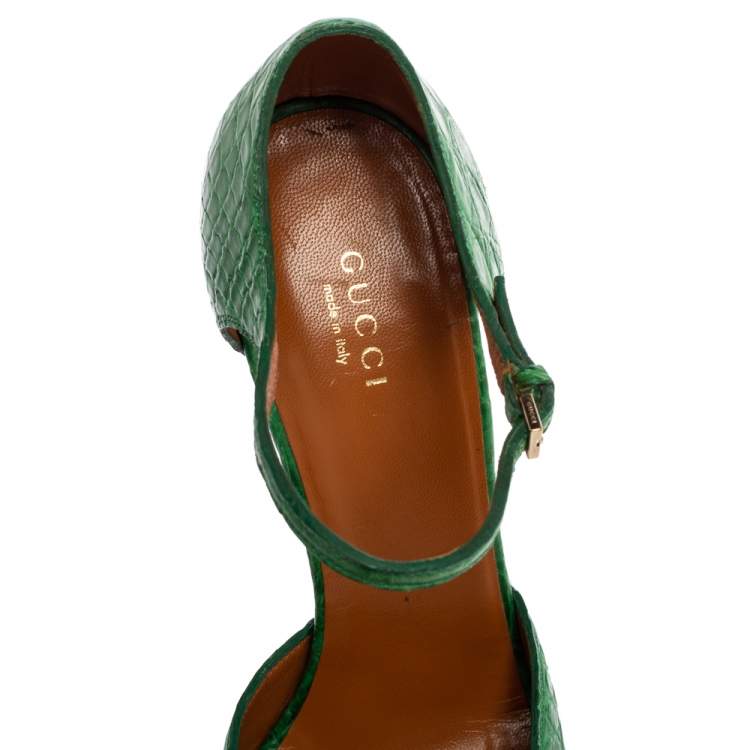 Pre Owned Gucci Green Crocodile  Peep Toe  Platform Ankle Strap Pumps Size Size 38