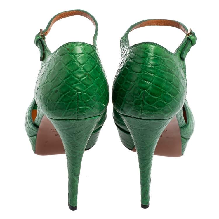 Pre Owned Gucci Green Crocodile  Peep Toe  Platform Ankle Strap Pumps Size Size 38
