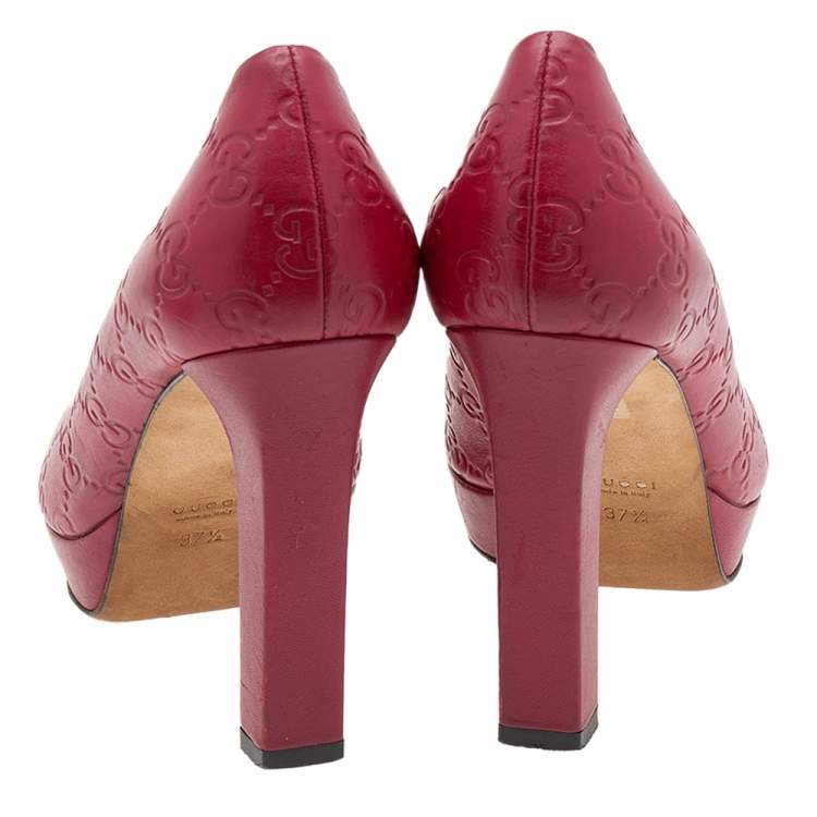 Pre Owned Gucci Red Guccissima Leather Peep Toe Platform Pumps Size 37.5