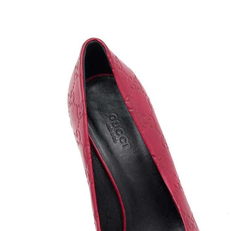 Pre Owned Gucci Red Guccissima Leather Peep Toe Platform Pumps Size 37.5