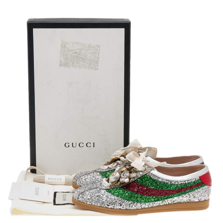 Pre Owned Gucci Silver Glitter Web Falacer Low Top Sneakers Size 37