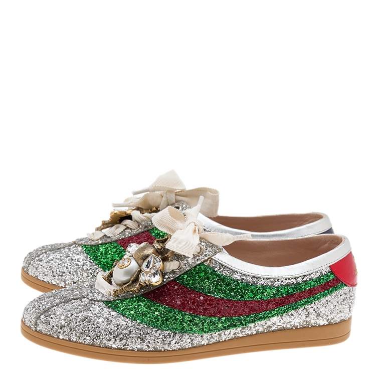 Pre Owned Gucci Silver Glitter Web Falacer Low Top Sneakers Size 37