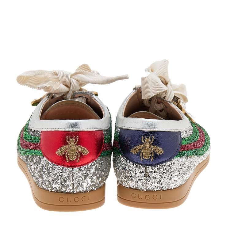 Pre Owned Gucci Silver Glitter Web Falacer Low Top Sneakers Size 37