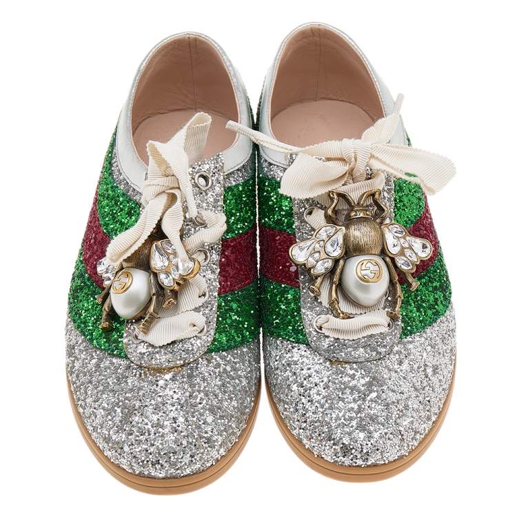 Pre Owned Gucci Silver Glitter Web Falacer Low Top Sneakers Size 37