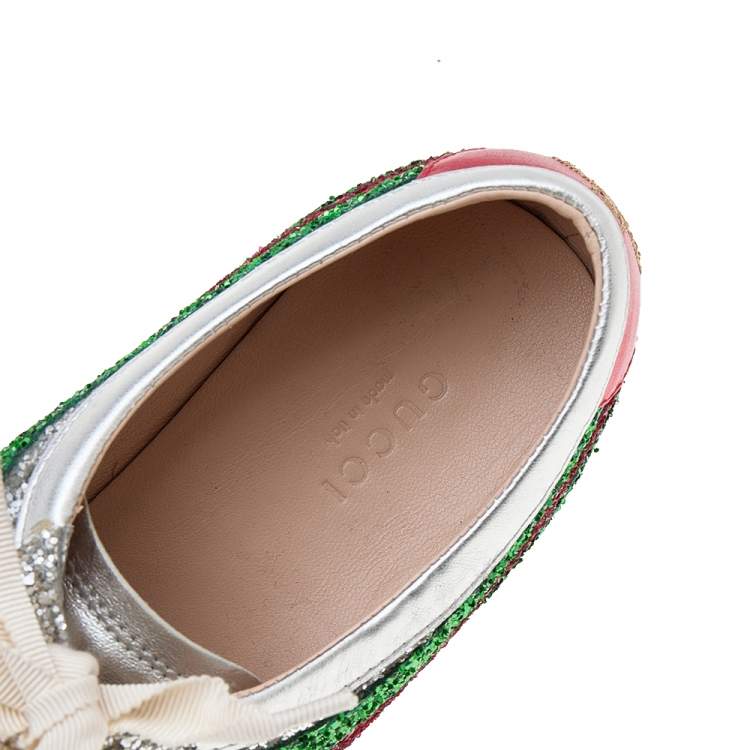Pre Owned Gucci Silver Glitter Web Falacer Low Top Sneakers Size 37