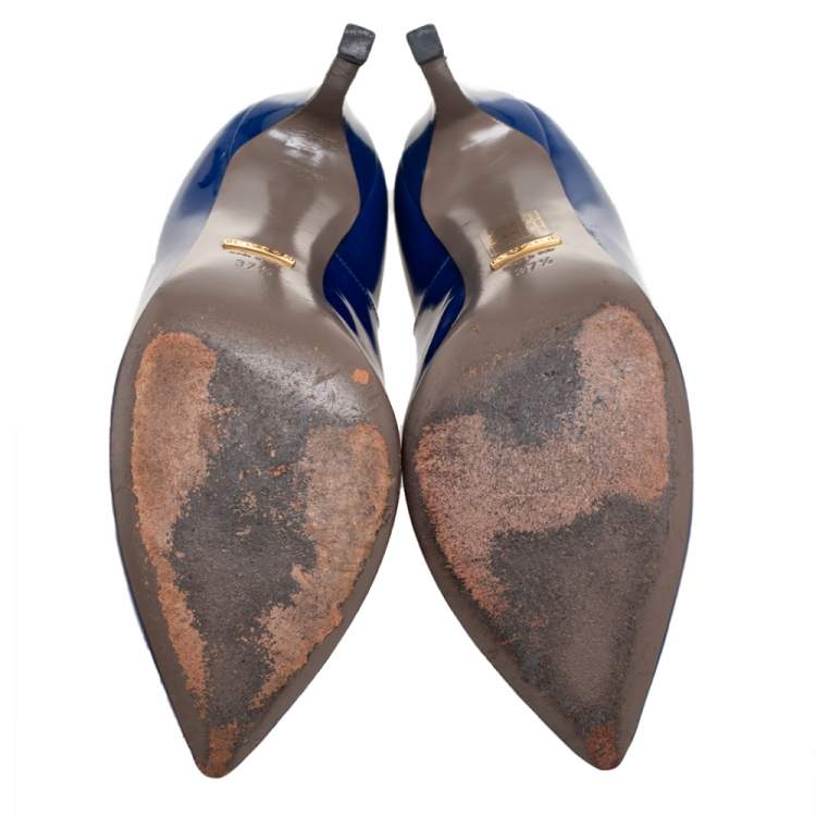 Pre Owned Gucci Royal Blue Patent Leather Pointed-Toe Pumps Size 37.5