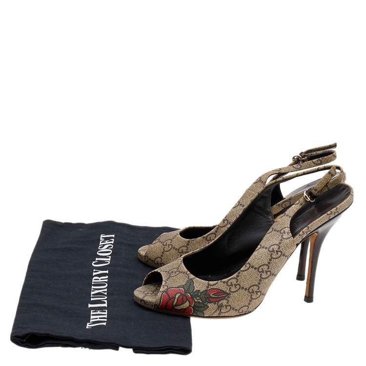 Pre Owned Gucci Beige/Brown GG Supreme Canvas 'Tattoo' Slingback Sandals Size 38