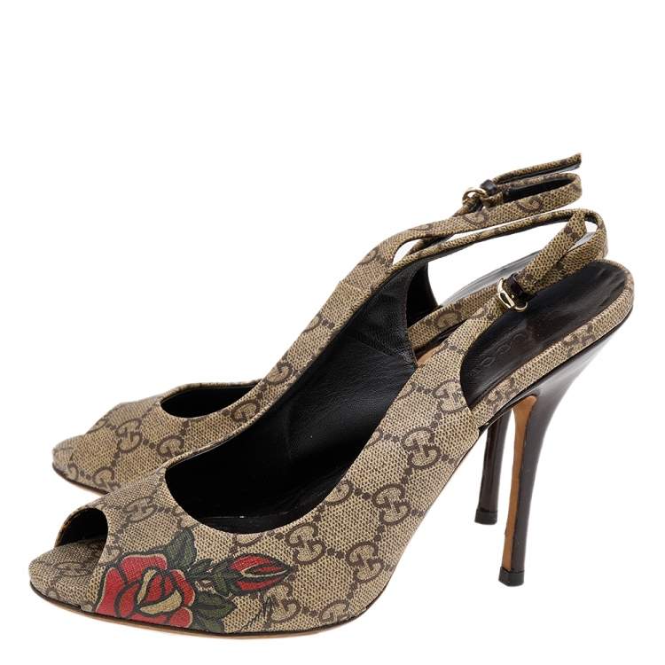 Pre Owned Gucci Beige/Brown GG Supreme Canvas 'Tattoo' Slingback Sandals Size 38