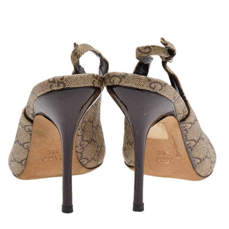Pre Owned Gucci Beige/Brown GG Supreme Canvas 'Tattoo' Slingback Sandals Size 38