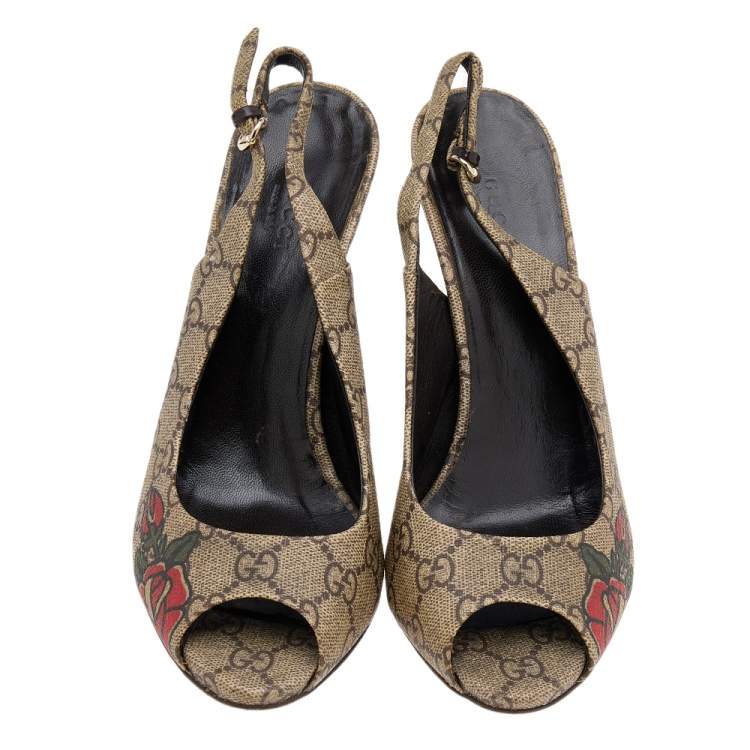 Pre Owned Gucci Beige/Brown GG Supreme Canvas 'Tattoo' Slingback Sandals Size 38