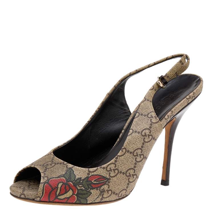 Pre Owned Gucci Beige/Brown GG Supreme Canvas 'Tattoo' Slingback Sandals Size 38