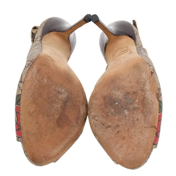 Pre Owned Gucci Beige/Brown GG Supreme Canvas 'Tattoo' Slingback Sandals Size 38