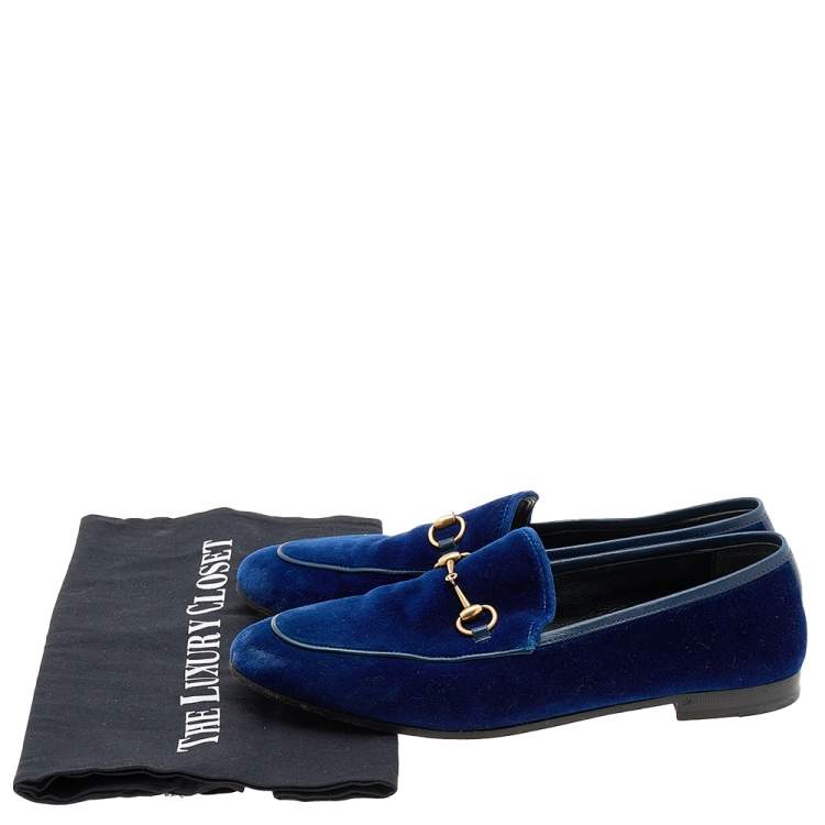 Pre Owned Gucci Blue Velvet Horsebit Slip On Jordaan Loafers Size 39